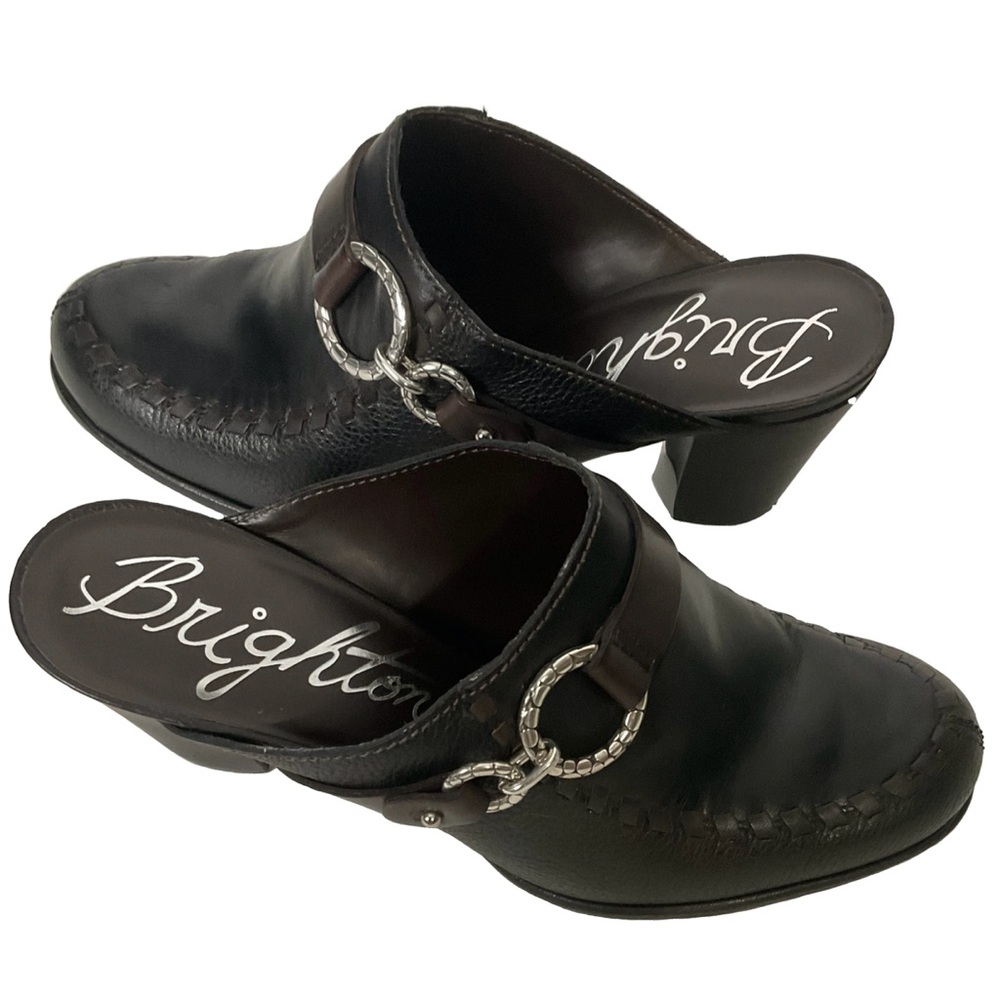 Brighton Gemini Mules Brown & Black Leather with Silver Decorative Buckle Sz6.5M